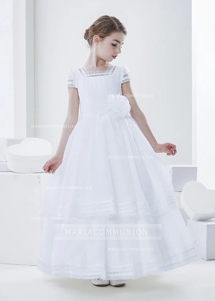 Square Neck Two Tiered Organza First Communion Dress With Flower At Waist