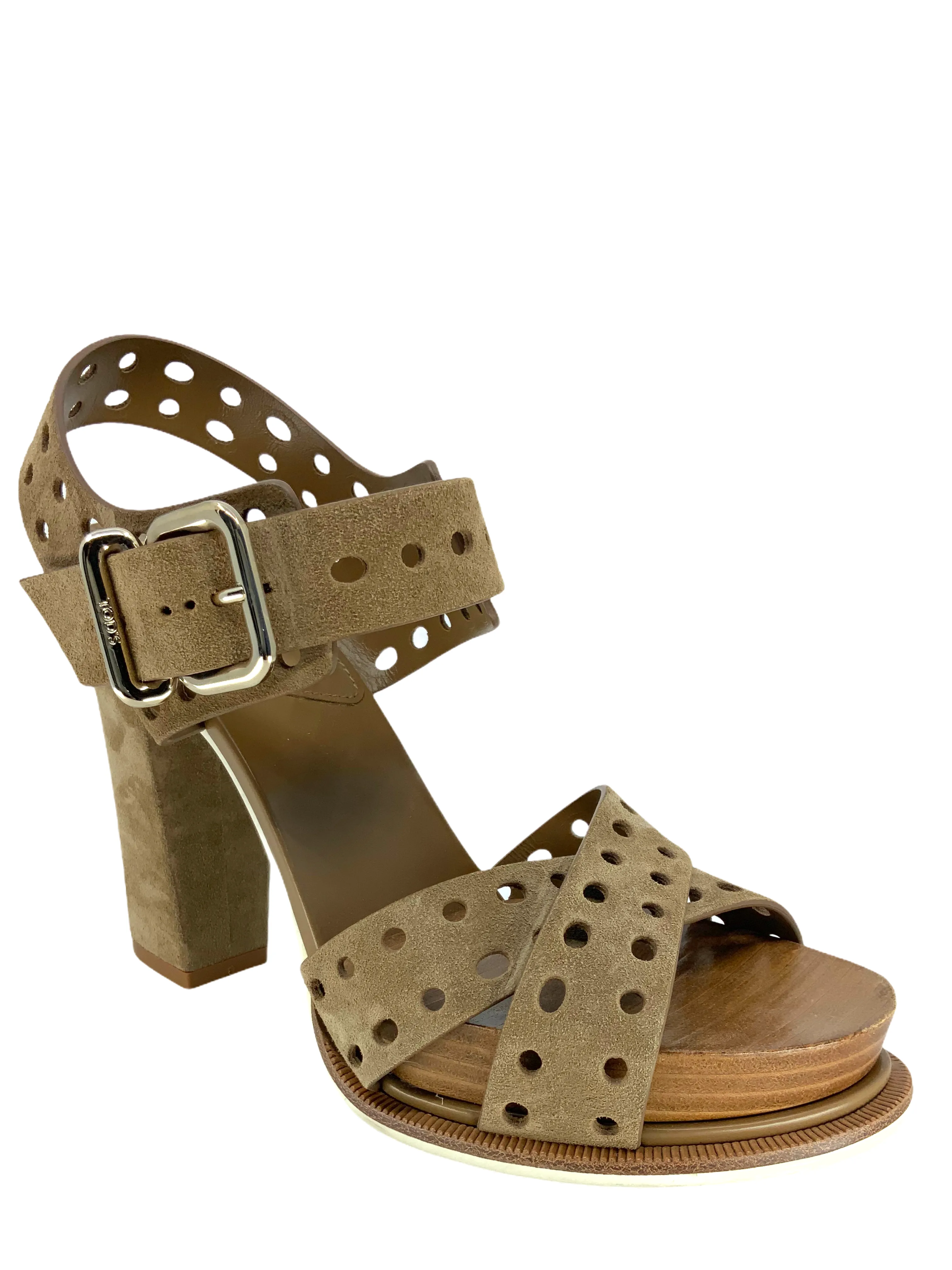 Tod's Perforated Suede Block Heel Sandal Size 7