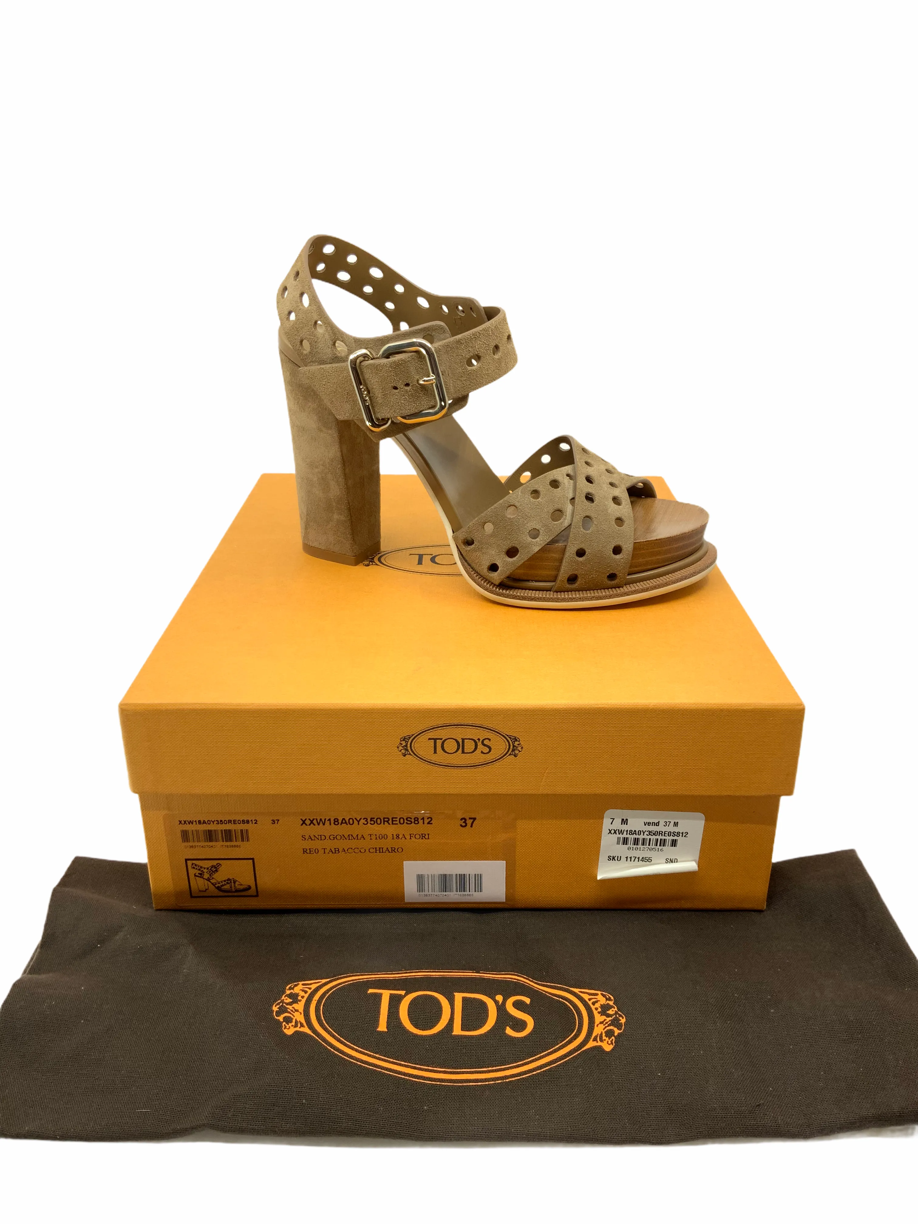 Tod's Perforated Suede Block Heel Sandal Size 7