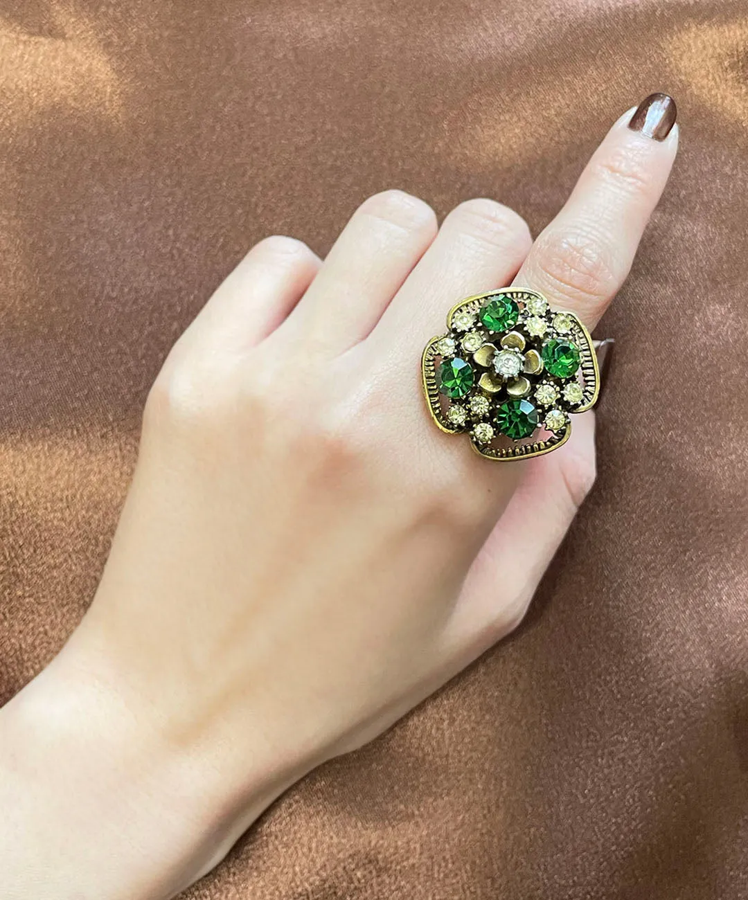 【USA輸入】ヴィンテージ FLORENZA フラワー グリーン ビジュー リング/Vintage FLORENZA Flower Green Bijou Ring