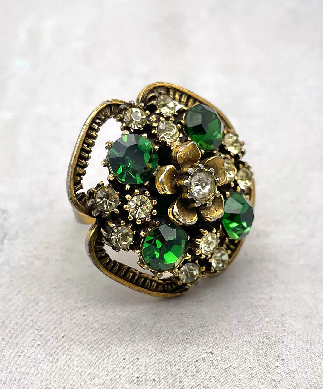 【USA輸入】ヴィンテージ FLORENZA フラワー グリーン ビジュー リング/Vintage FLORENZA Flower Green Bijou Ring