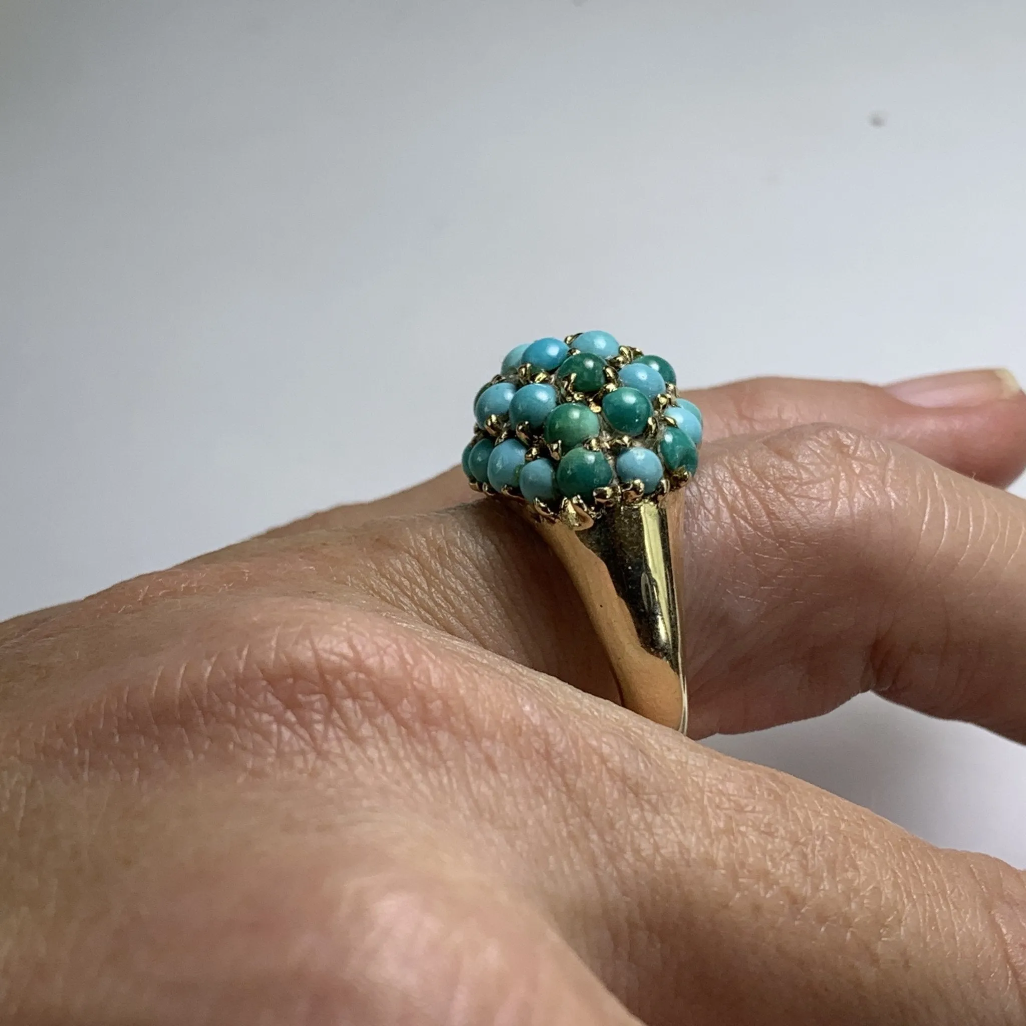 Vintage 1970s Turquoise Cluster Ring in 14k Yellow Gold. Bohemian Statement Ring. December Birthstone.