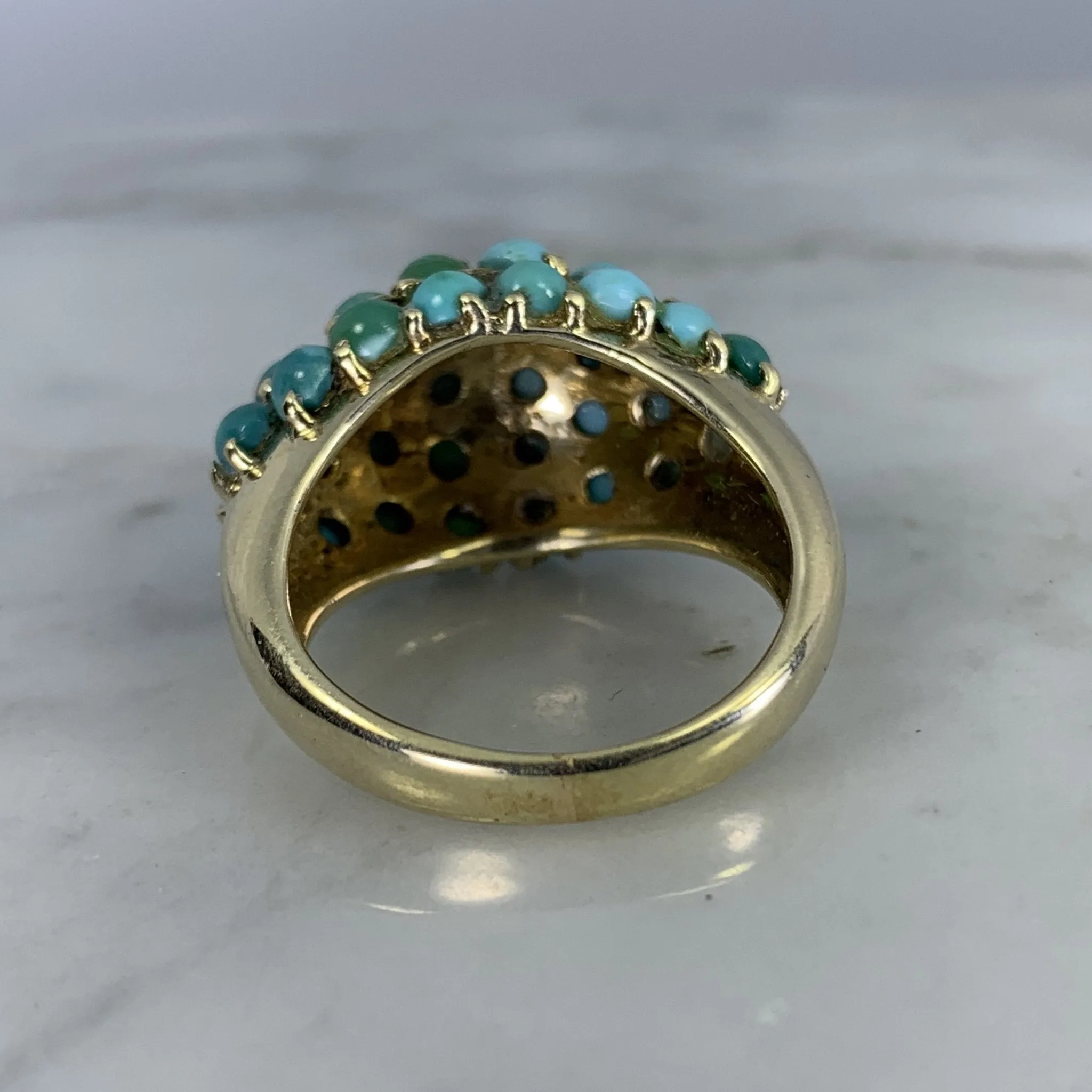 Vintage 1970s Turquoise Cluster Ring in 14k Yellow Gold. Bohemian Statement Ring. December Birthstone.