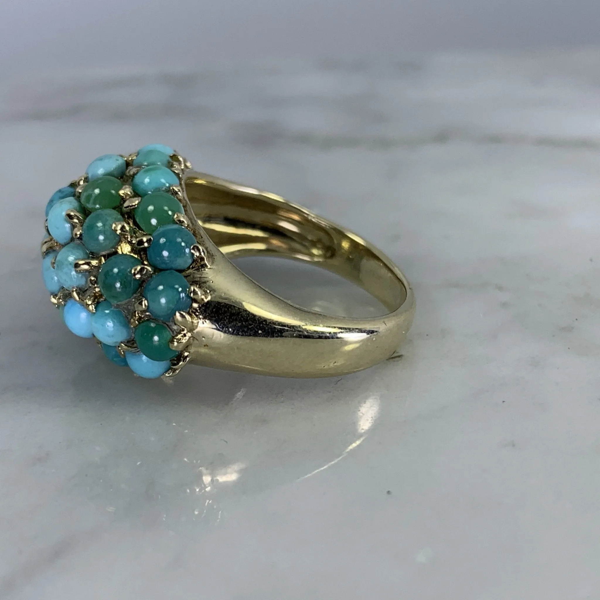 Vintage 1970s Turquoise Cluster Ring in 14k Yellow Gold. Bohemian Statement Ring. December Birthstone.