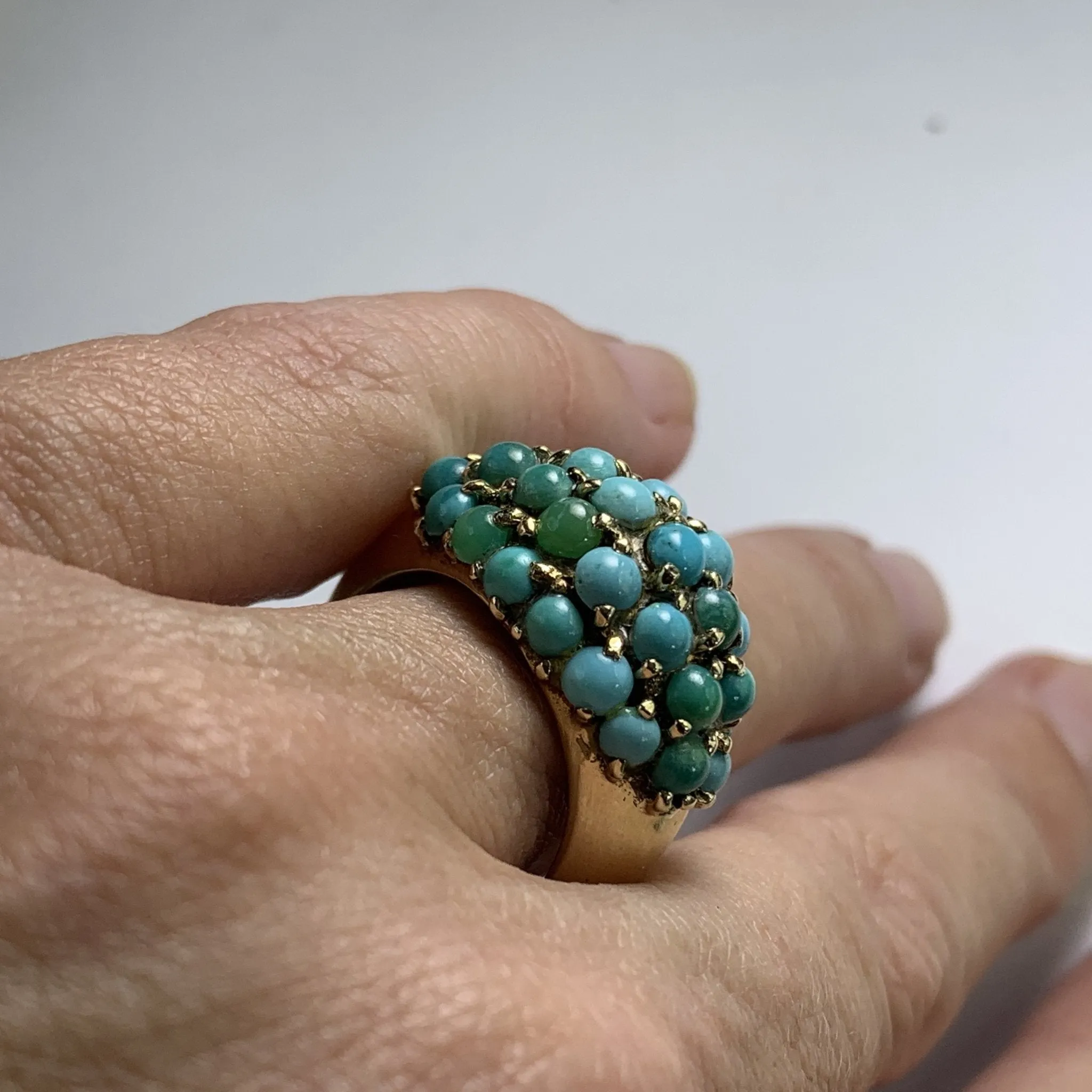 Vintage 1970s Turquoise Cluster Ring in 14k Yellow Gold. Bohemian Statement Ring. December Birthstone.