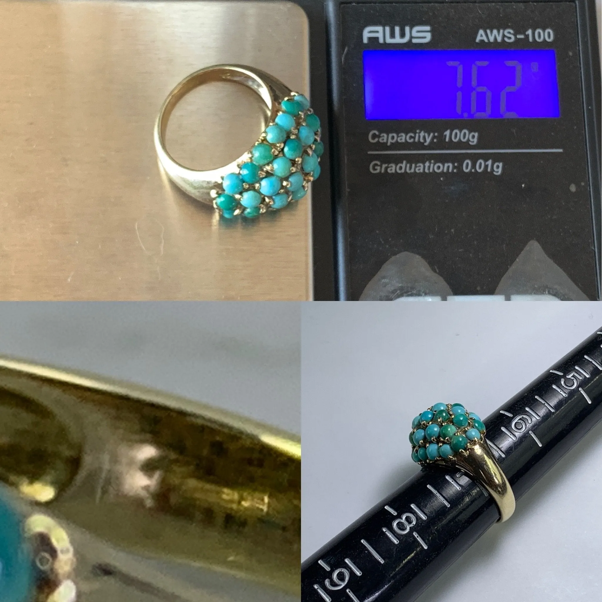 Vintage 1970s Turquoise Cluster Ring in 14k Yellow Gold. Bohemian Statement Ring. December Birthstone.