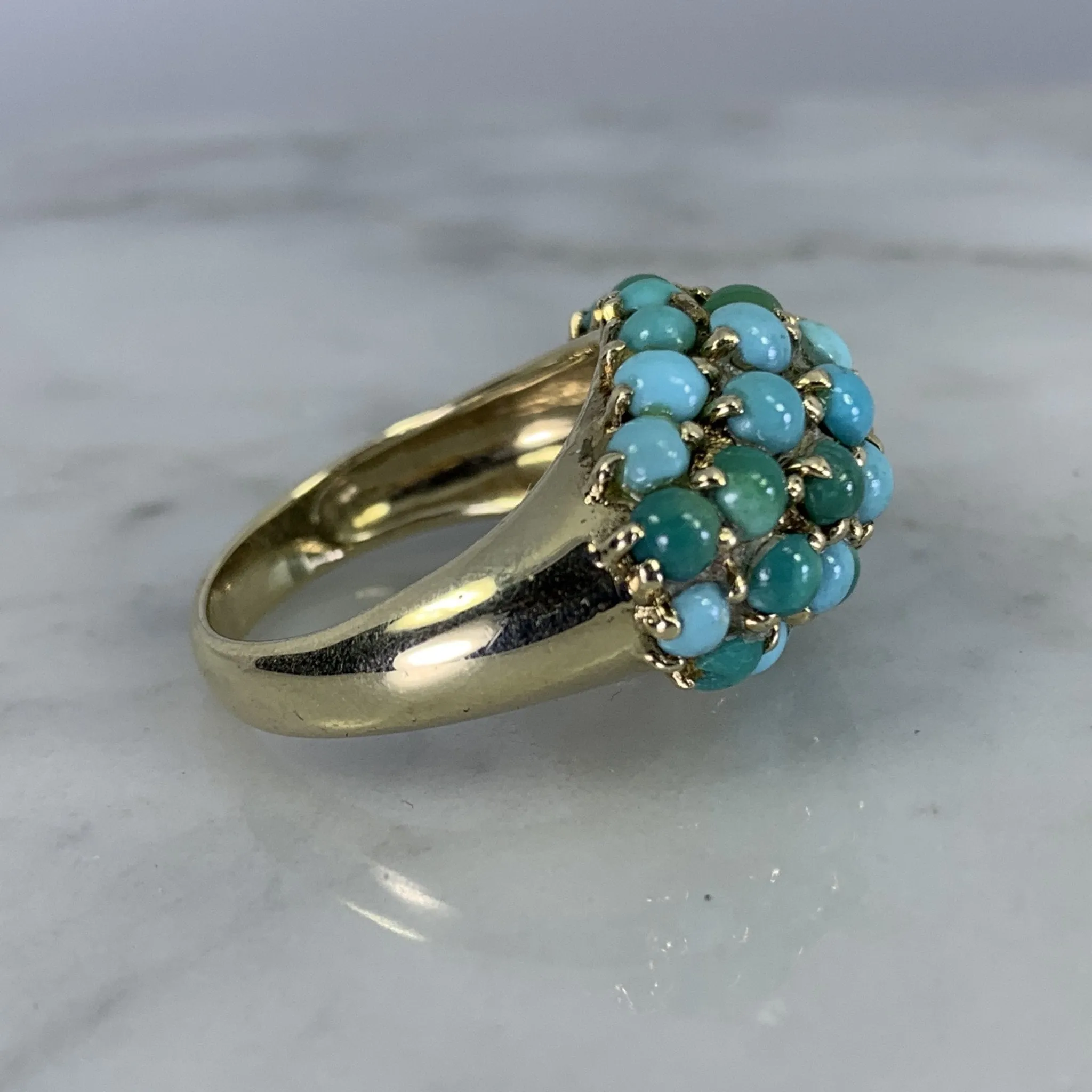 Vintage 1970s Turquoise Cluster Ring in 14k Yellow Gold. Bohemian Statement Ring. December Birthstone.