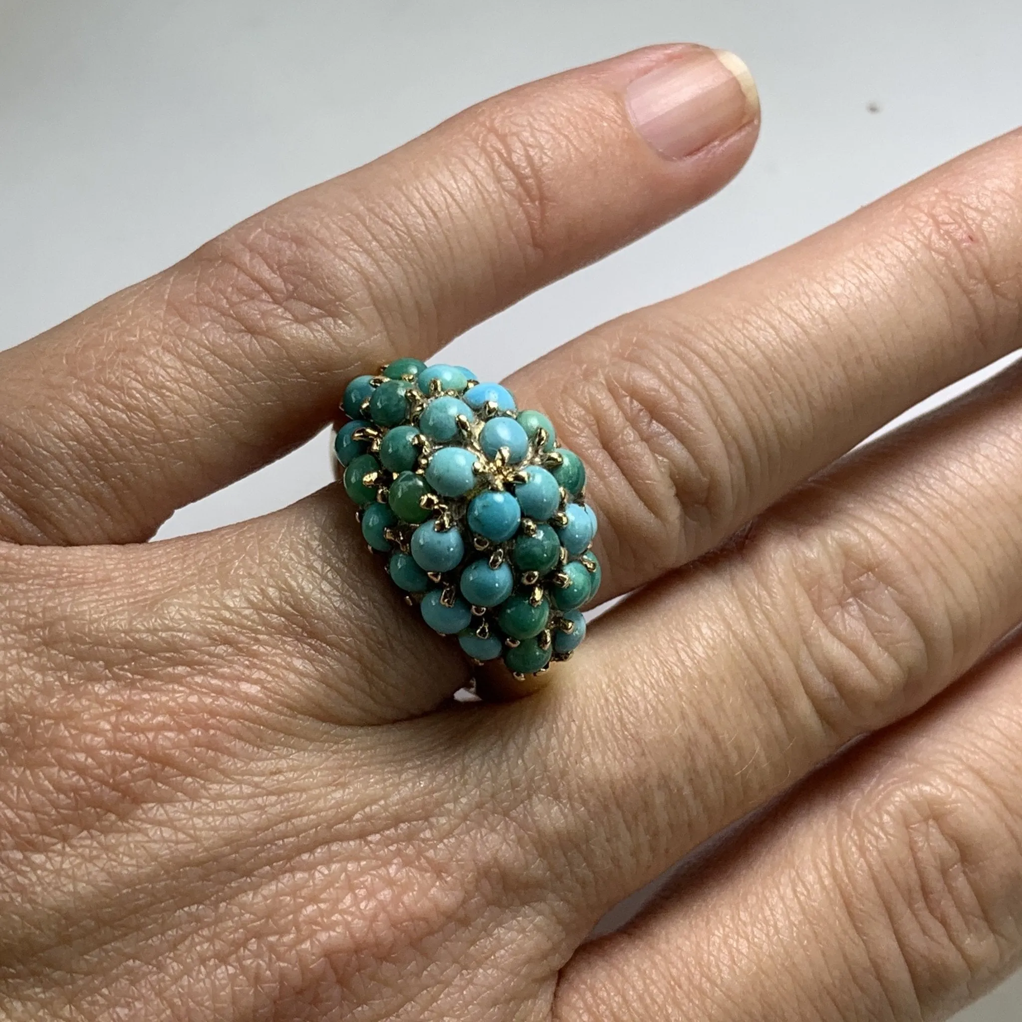 Vintage 1970s Turquoise Cluster Ring in 14k Yellow Gold. Bohemian Statement Ring. December Birthstone.