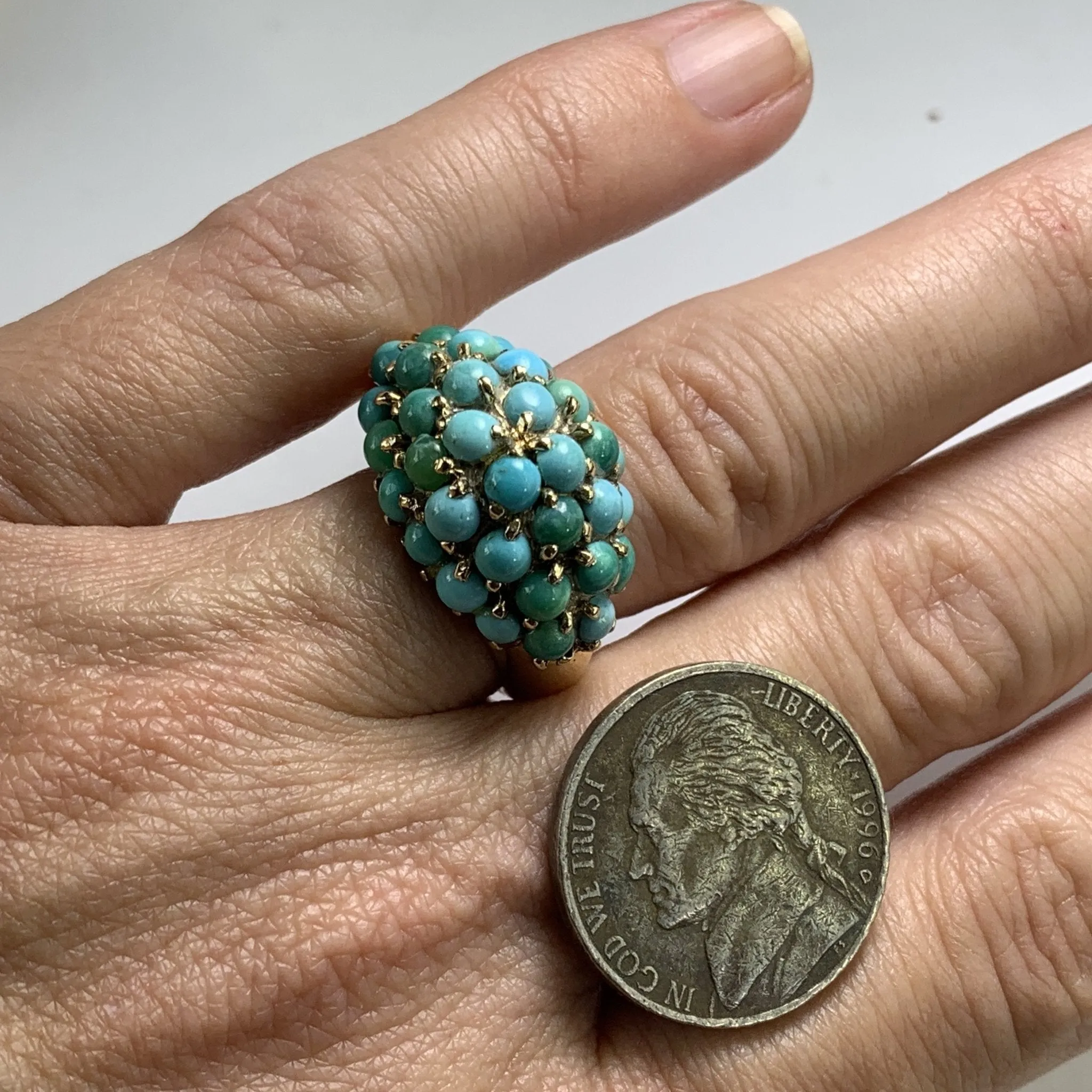 Vintage 1970s Turquoise Cluster Ring in 14k Yellow Gold. Bohemian Statement Ring. December Birthstone.