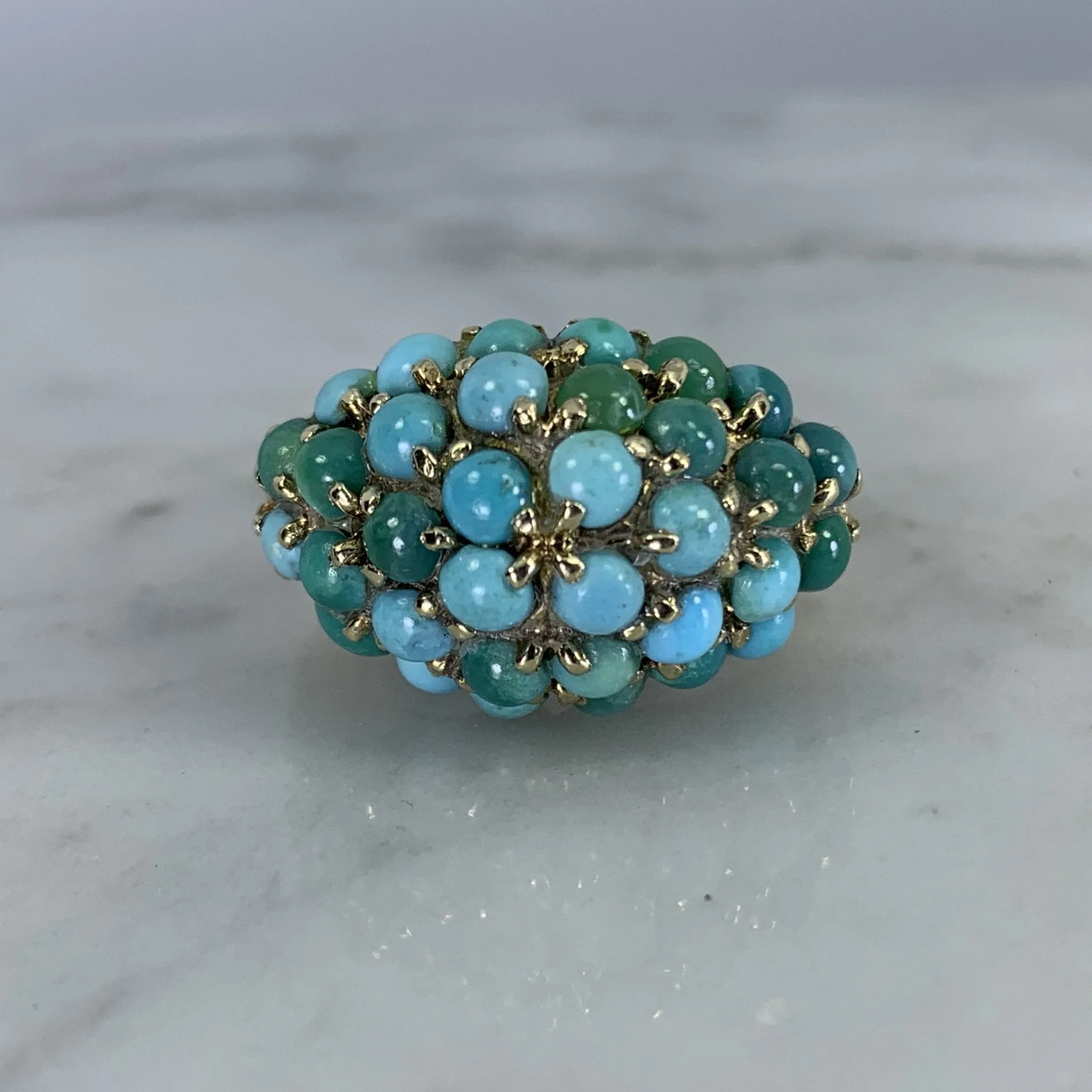 Vintage 1970s Turquoise Cluster Ring in 14k Yellow Gold. Bohemian Statement Ring. December Birthstone.