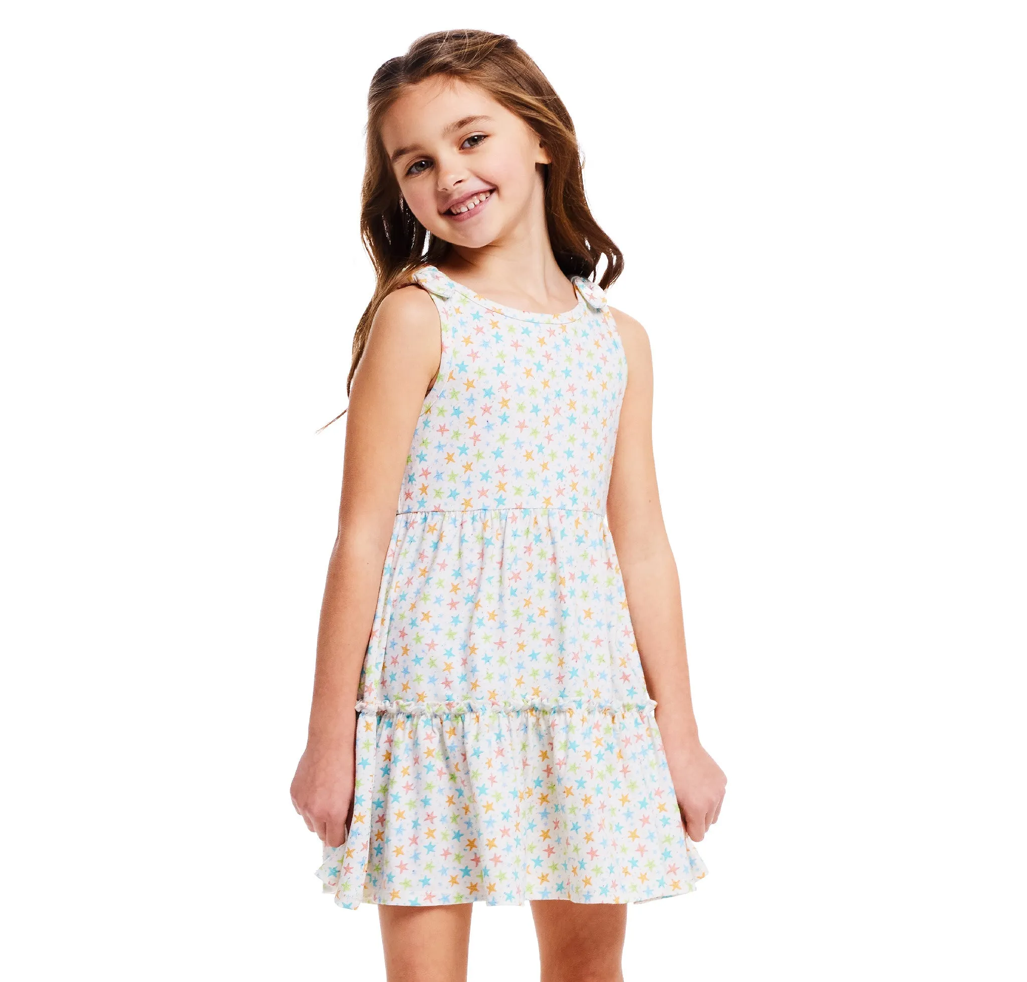 White Nep Dress | Neon Starfish Print