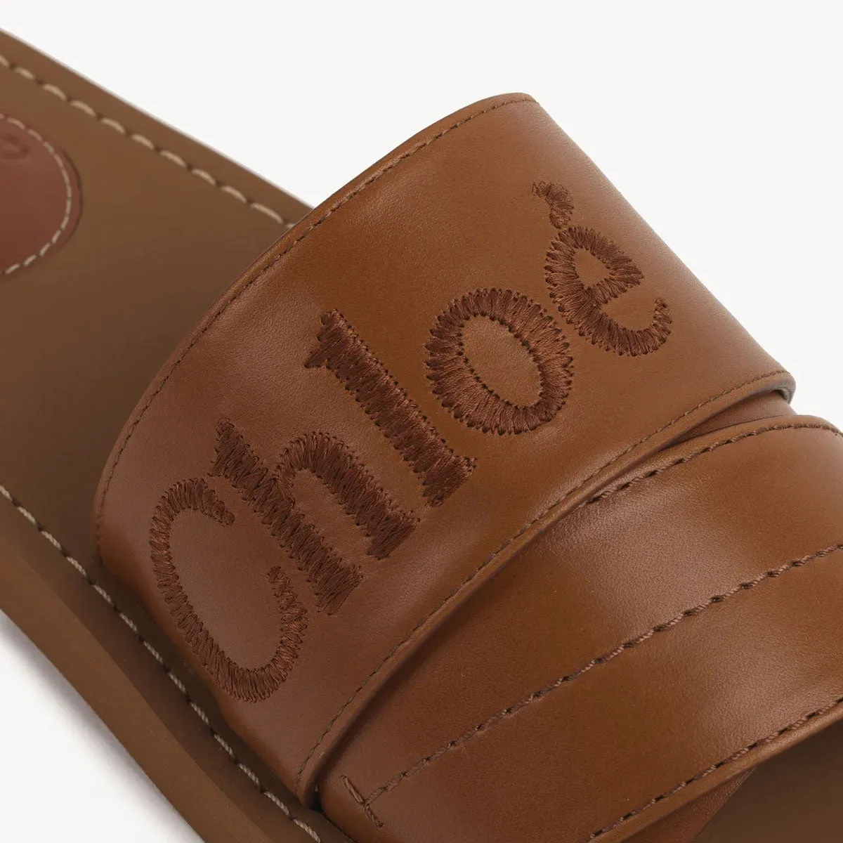 Woody Logo Leather Slide, Caramello